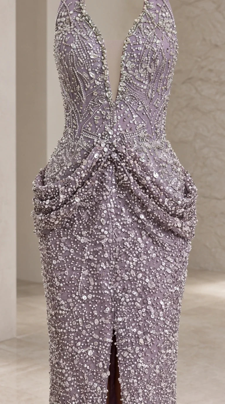 Close-up detail of embellished beaded texture and draped hip swag detail