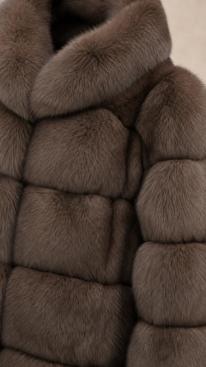 Close-up detail of plush faux fur texture and stand collar in taupe