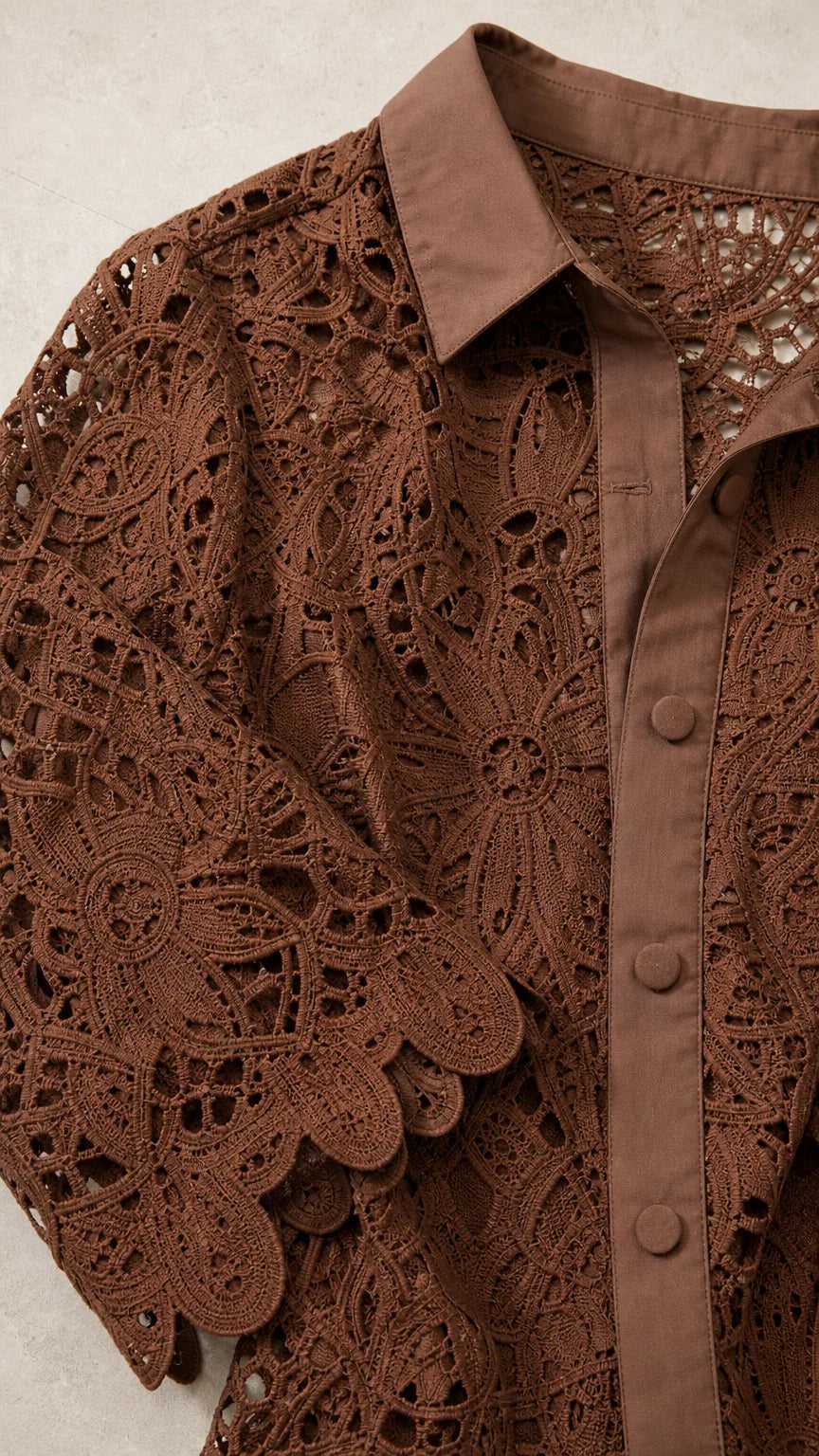 Close-up detail of brown lace collar, buttons, and sleeve hem