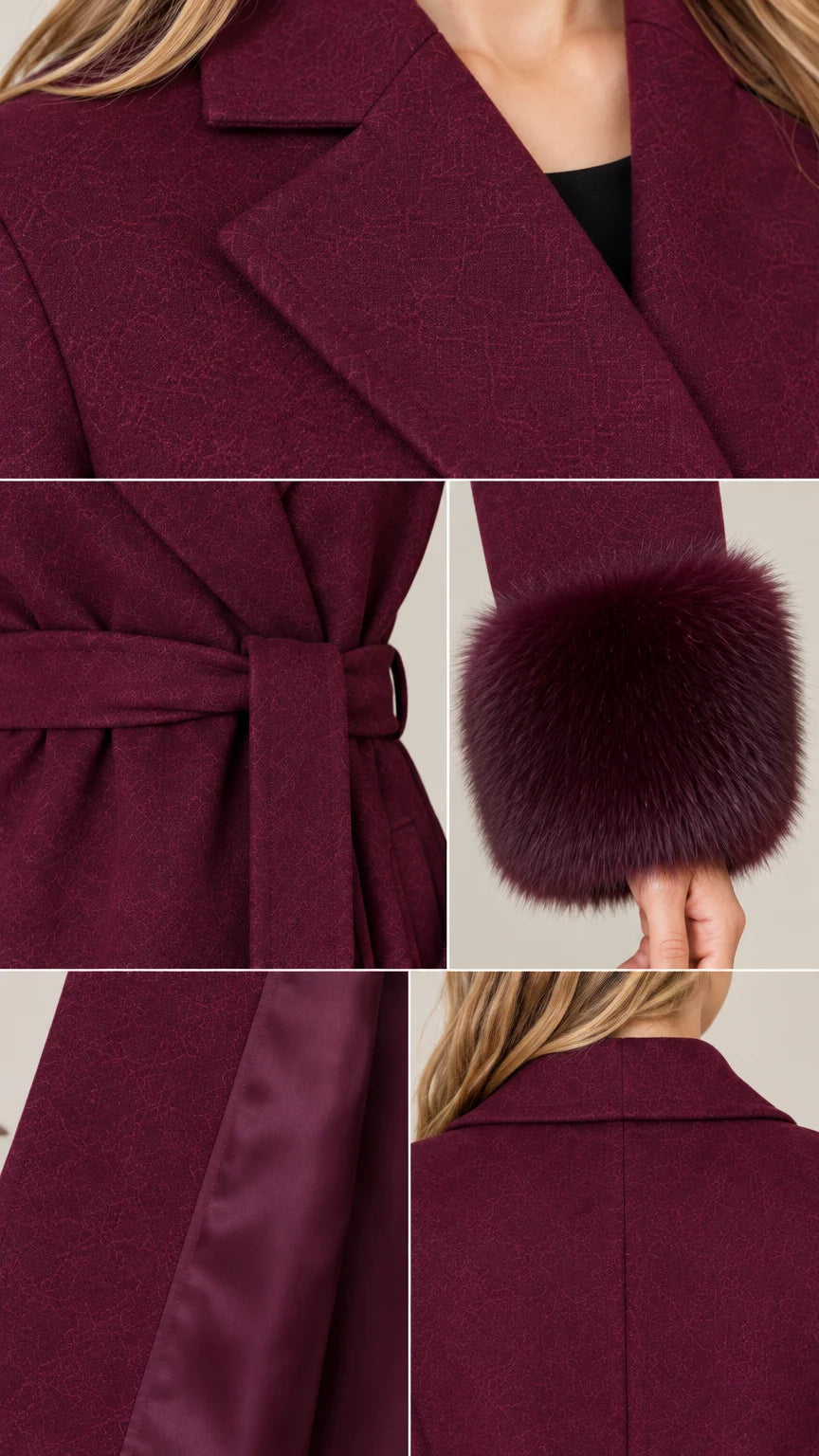 Close-up details of burgundy coat fabric, notch lapel, belt loops, lining, and faux fur cuff