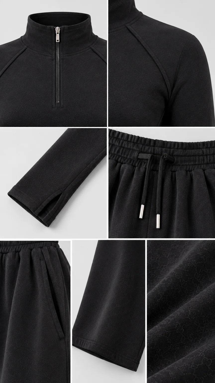 Close-up details of collar zipper, cuff slit, drawstring waist, and fabric texture