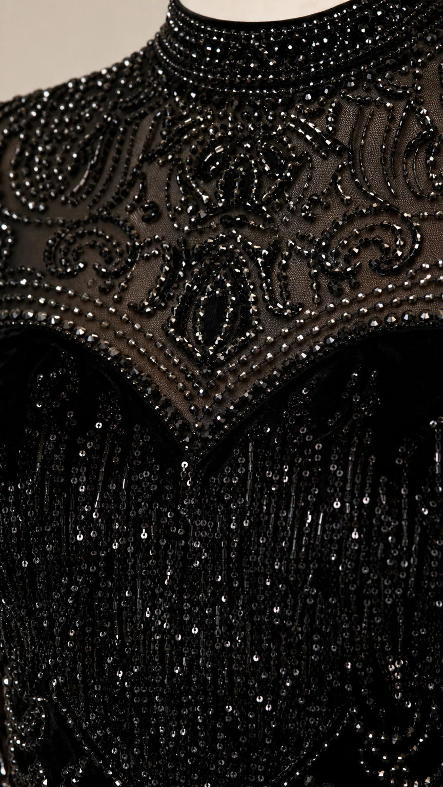Close-up detail of sheer illusion high neck with ornate beading and sequins