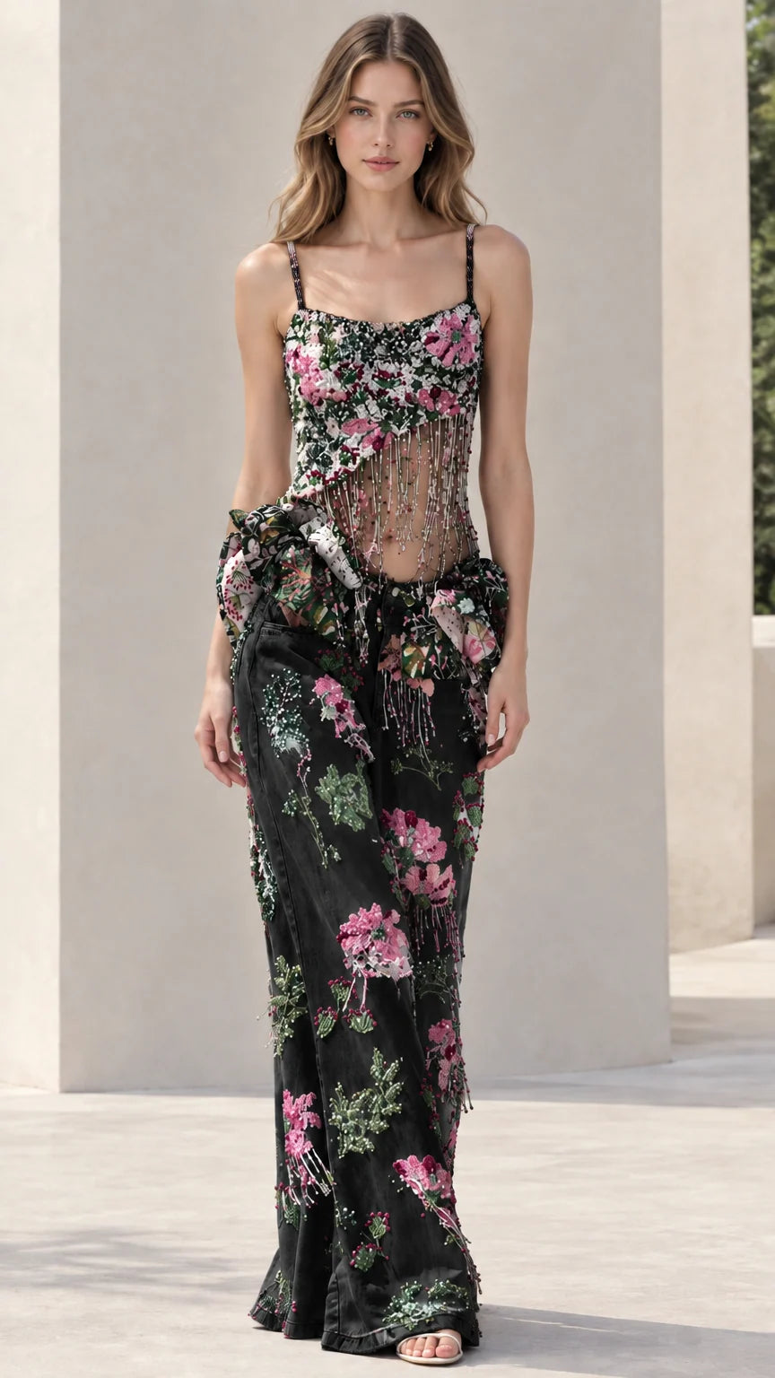 Black floral beaded cami top and matching embellished wide leg pants two-piece set