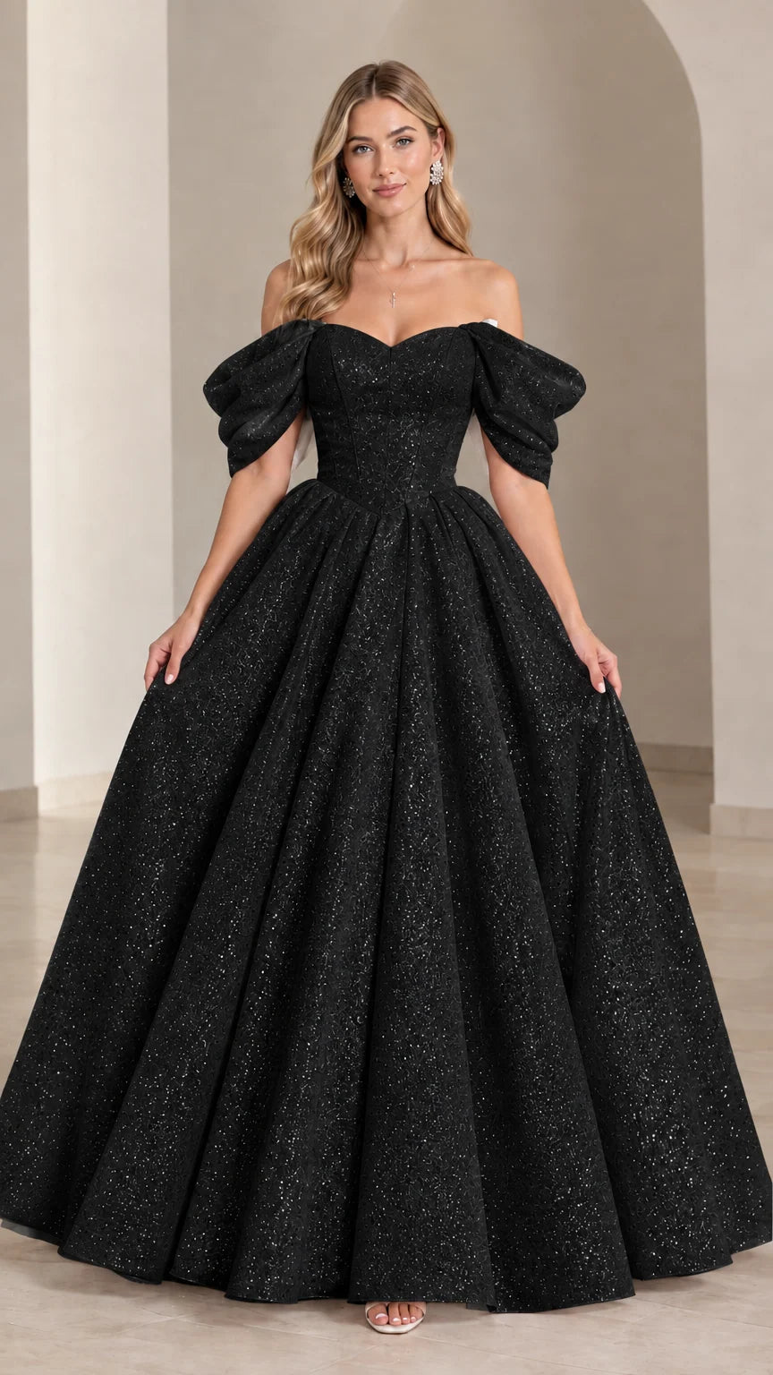 Black off-the-shoulder sparkle ball gown evening dress