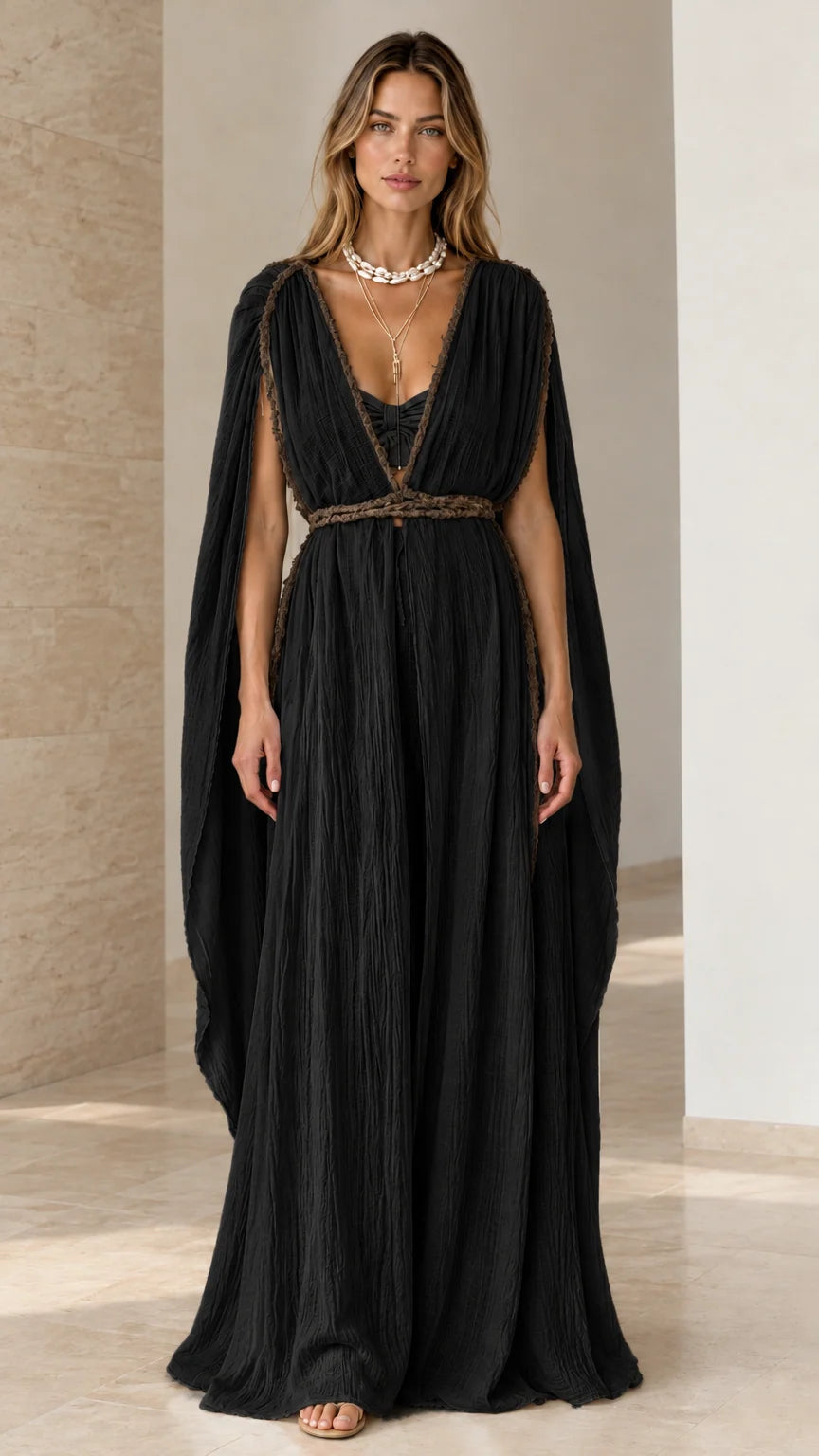 Black Grecian cape sleeve maxi dress with braided belt