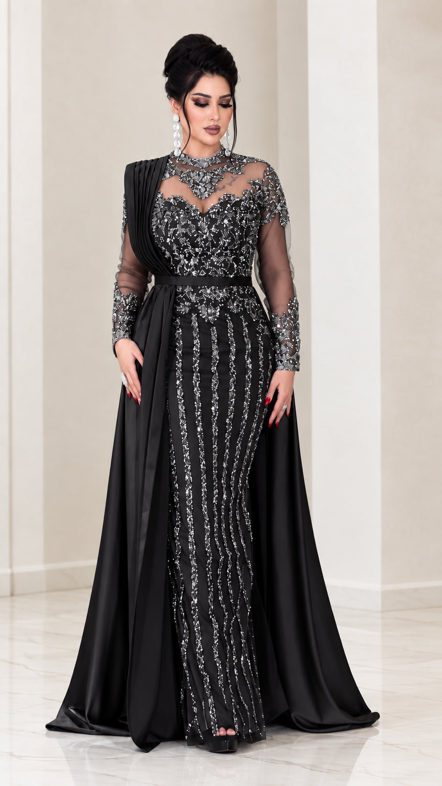 Classic Black embellished illusion neck evening gown with satin side train