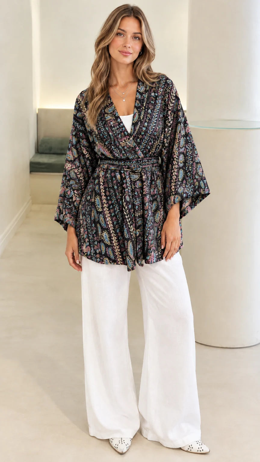 Front view of black paisley print belted kimono cardigan blouse