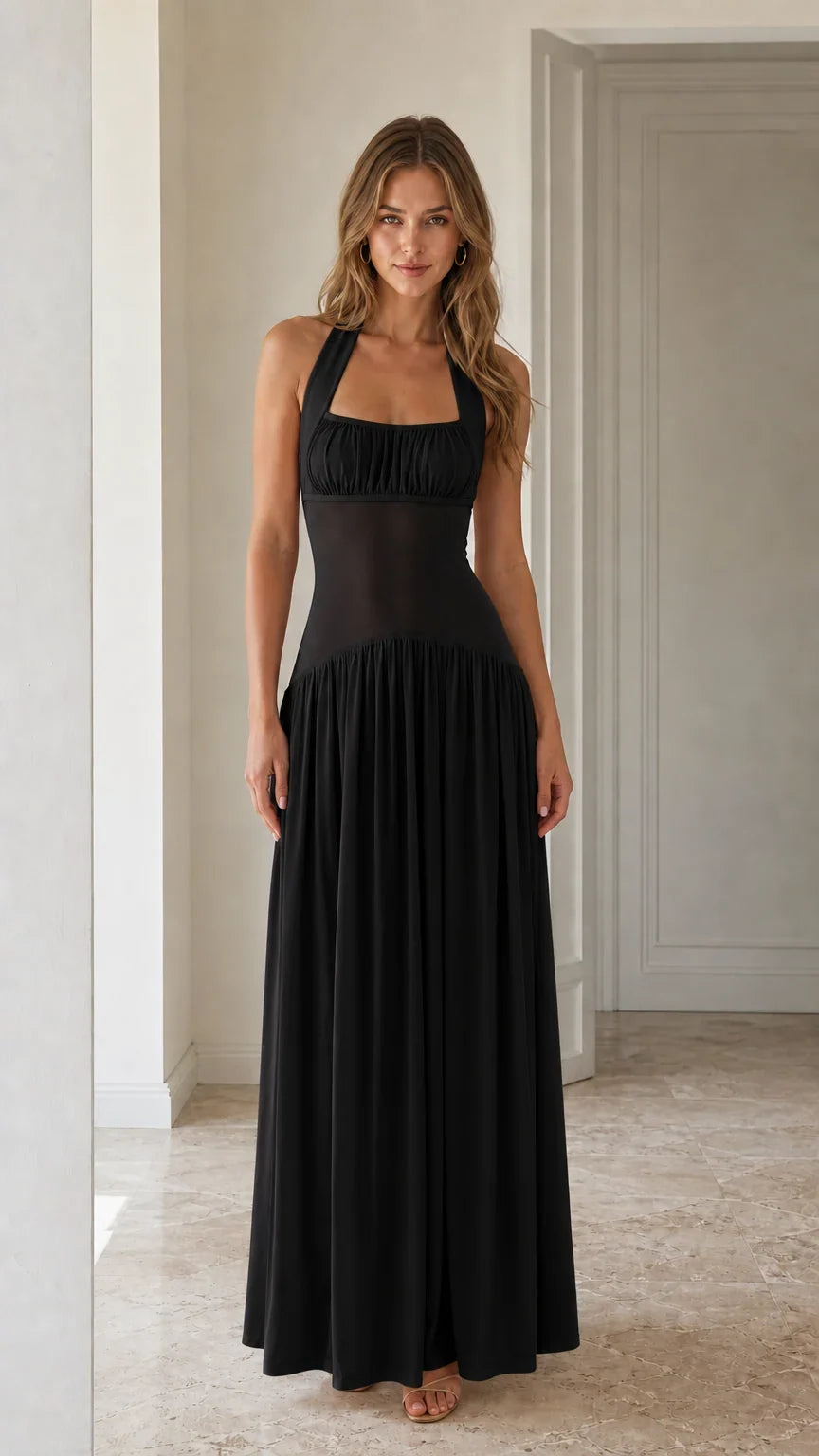 Front view of Black halter neck maxi dress