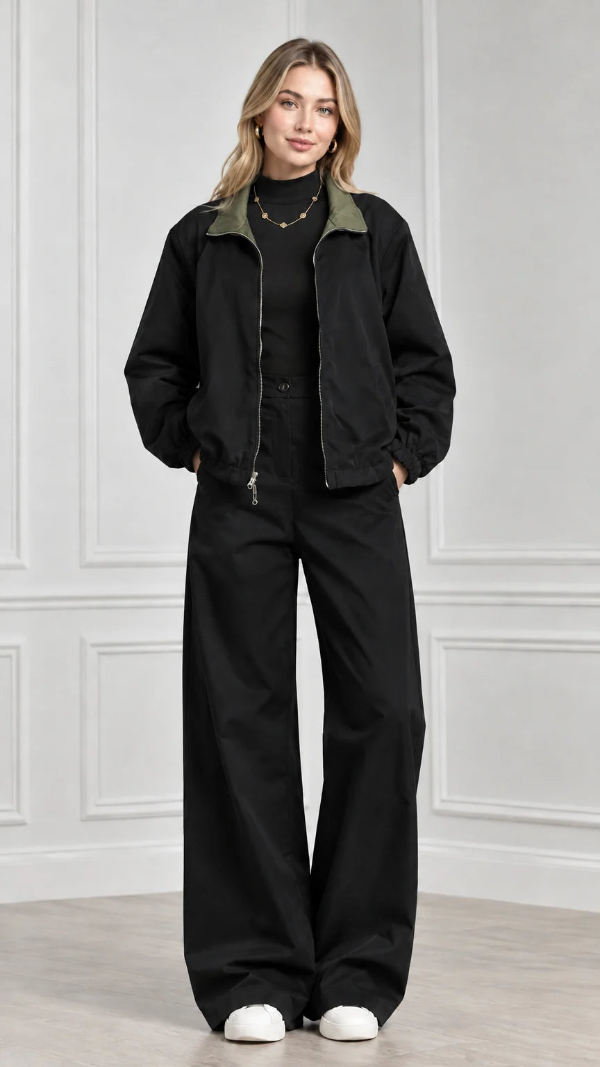 Front view of model wearing black two-piece jacket and wide-leg trouser set