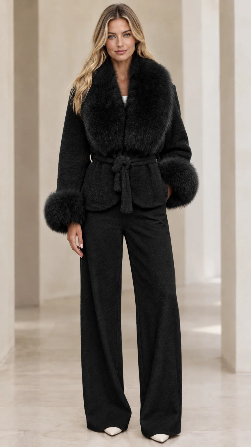 Model wearing black belted faux fur collar jacket and wide leg pants set