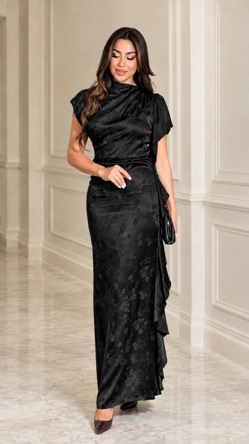 Front view of woman wearing Black satin jacquard maxi dress
