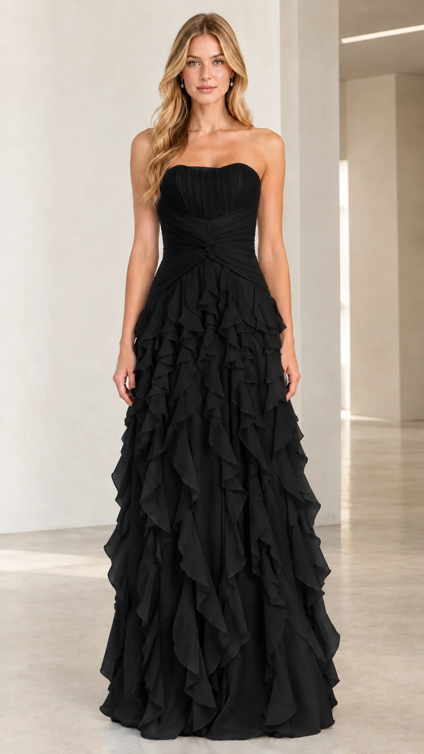 Full-length front view of classic black strapless tiered ruffle evening gown