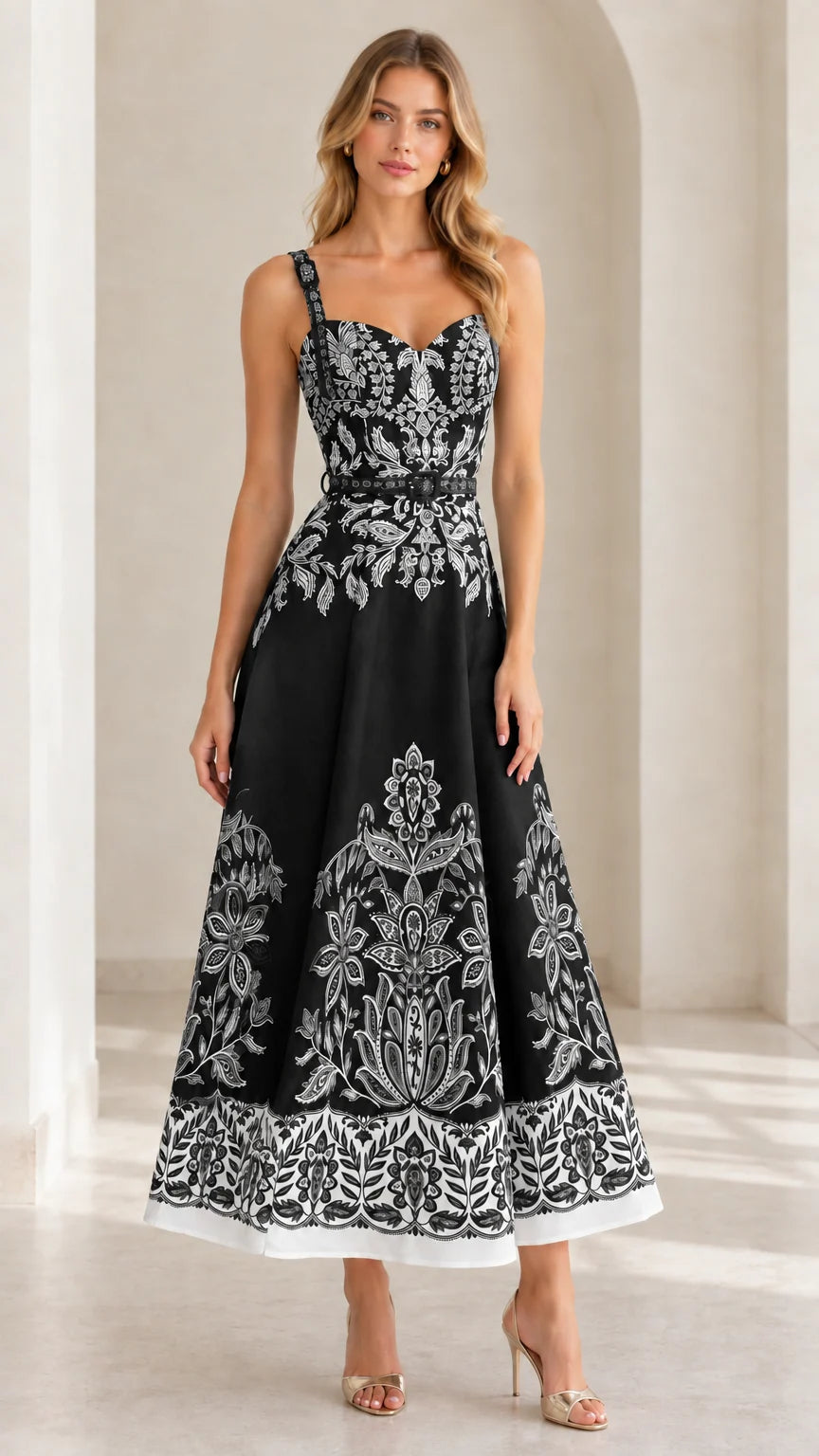 Black and white baroque floral print sweetheart midi dress on model