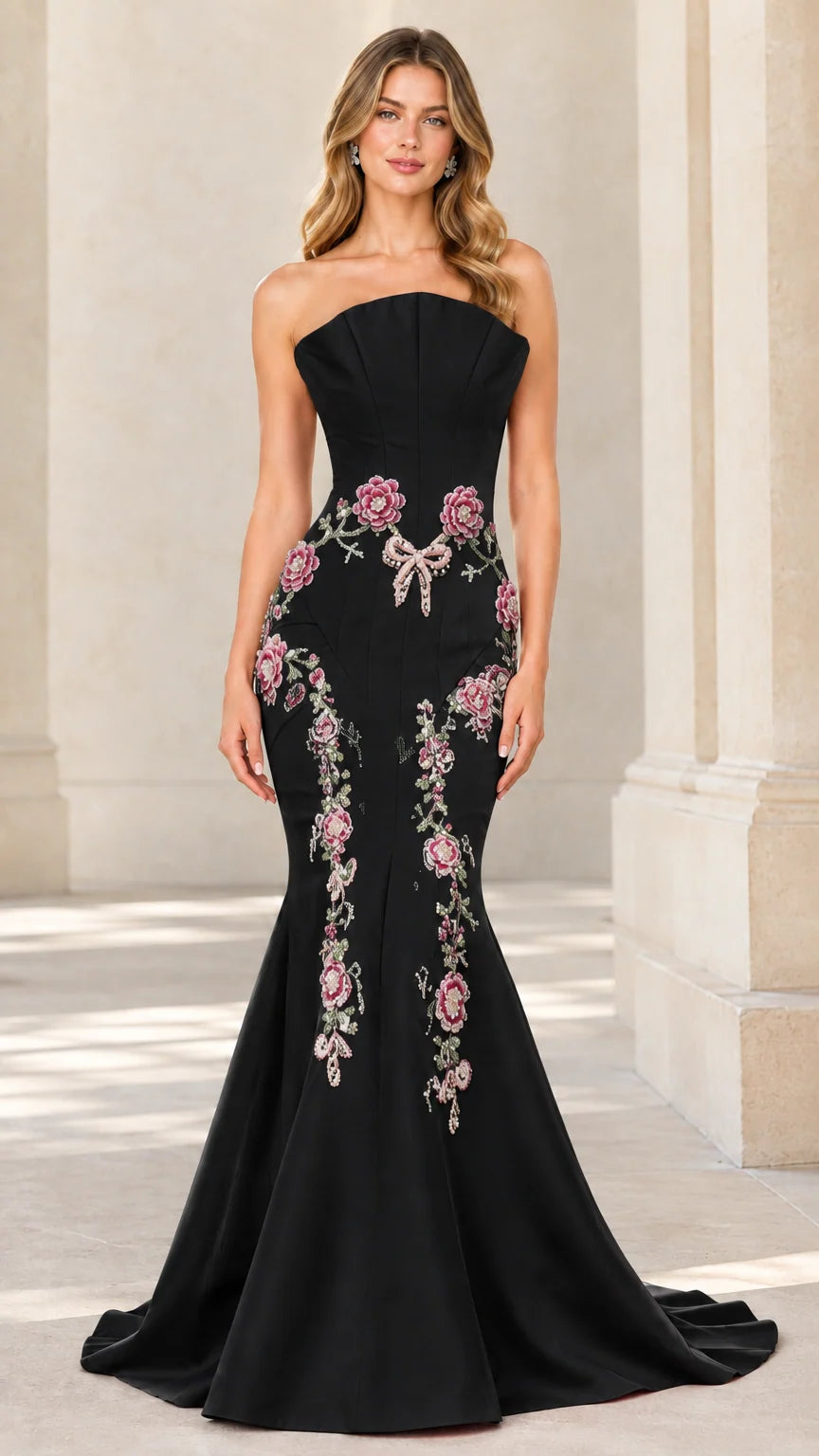 Front view of black strapless floral embroidered mermaid evening gown