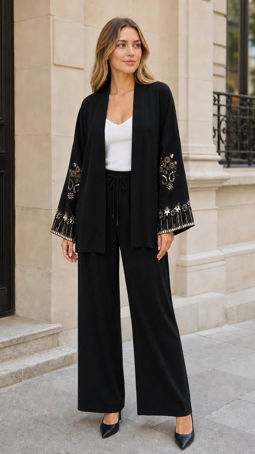 Women's embroidered open front cardigan and wide leg pant set in black