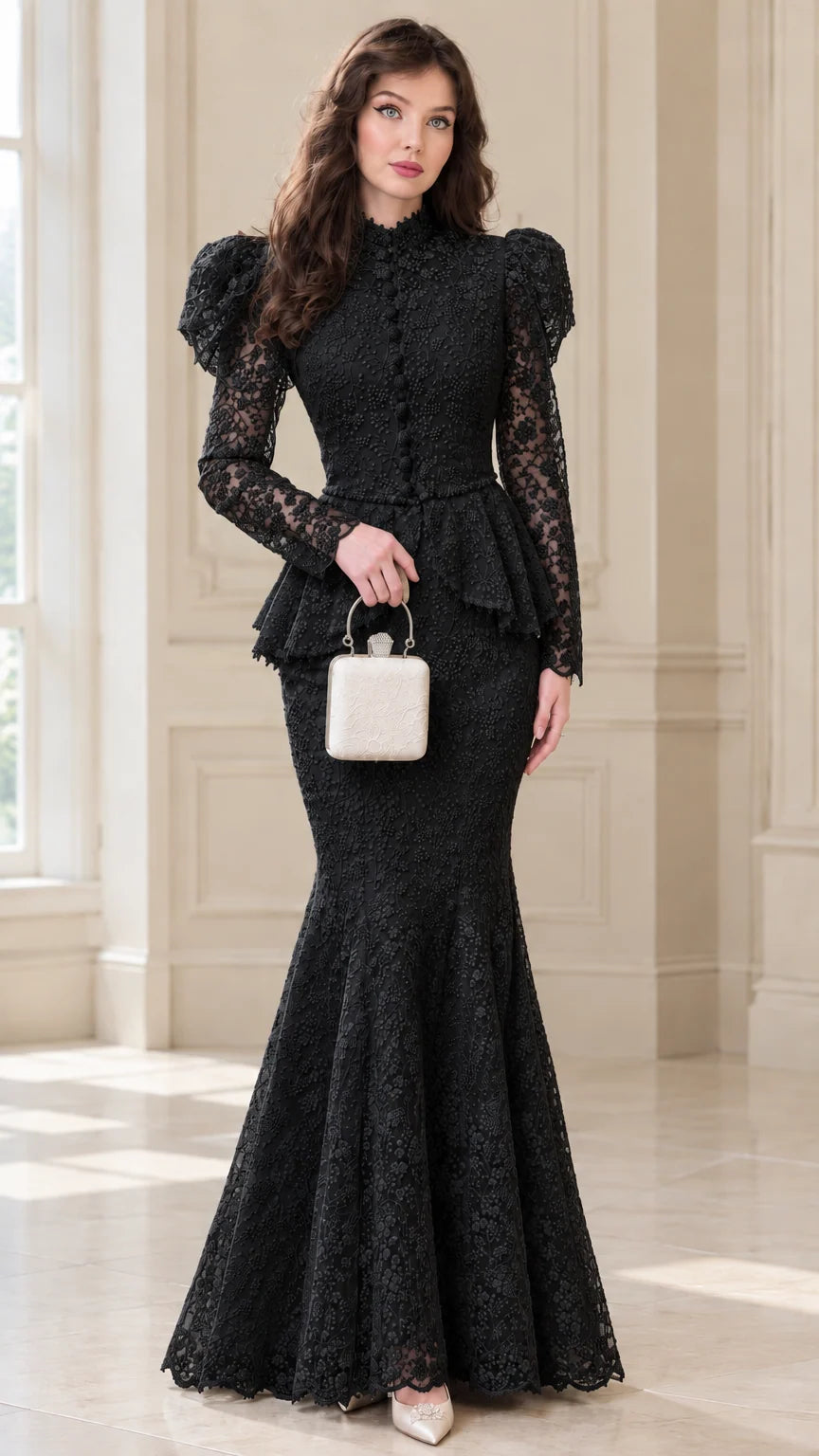 Model wearing Black high neck floral lace mermaid peplum evening dress