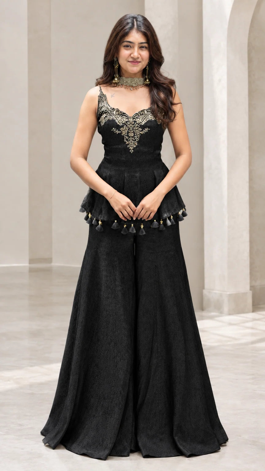 Front view of woman wearing black embroidered peplum sharara pants set