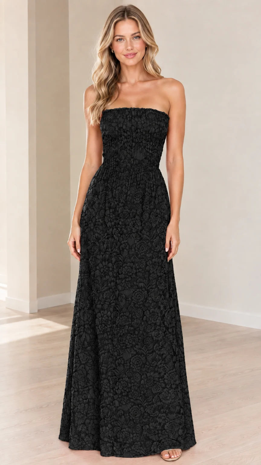 Front view of black strapless floral textured maxi dress