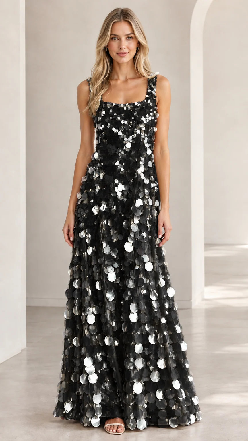 Front view of black sleeveless paillette sequin maxi evening gown