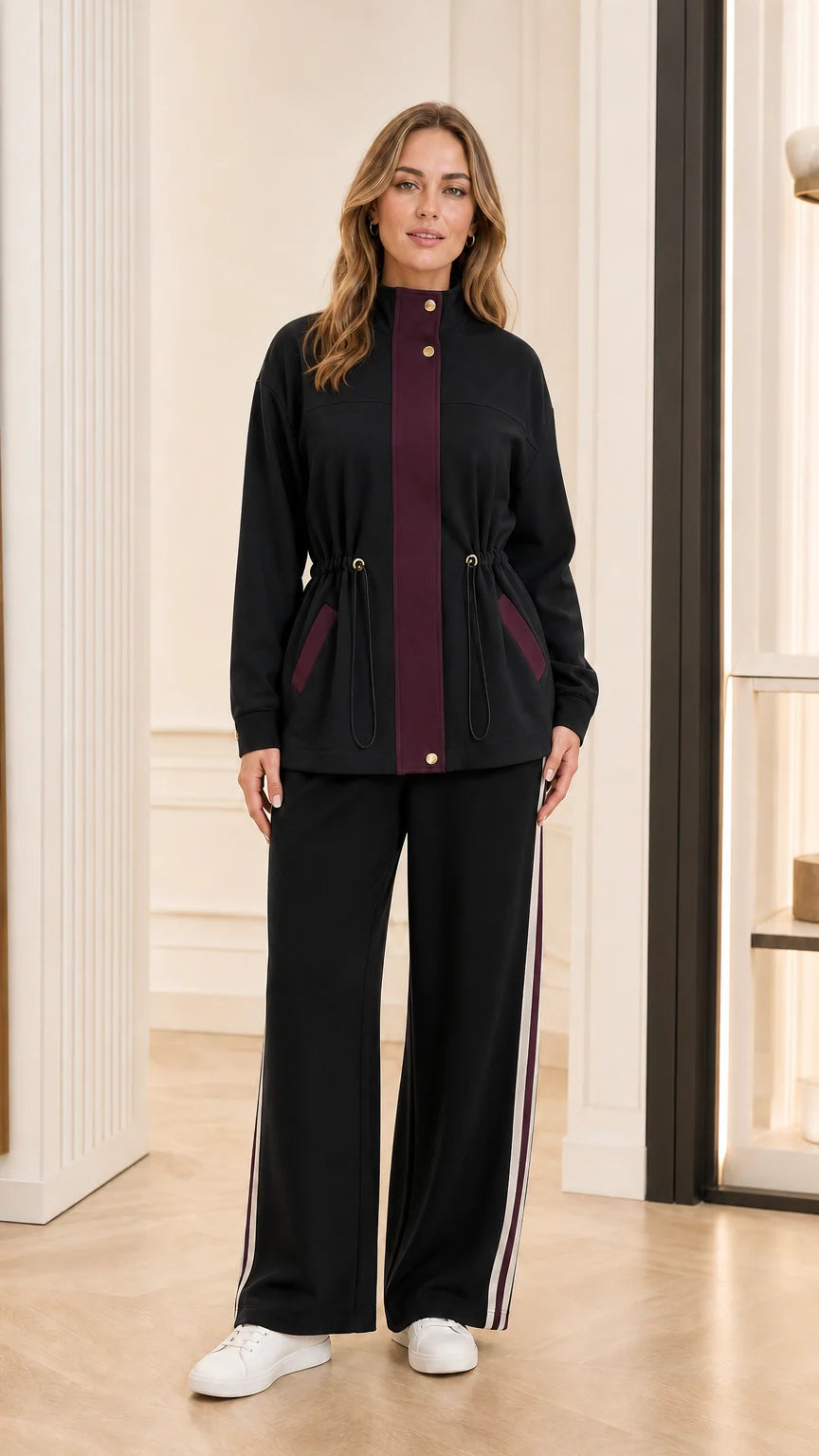 Model wearing black tracksuit jacket with burgundy placket and matching black wide-leg pants
