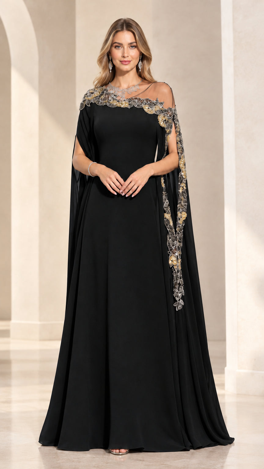 Front view of model wearing Black Asymmetrical Embroidered Cape Evening Gown