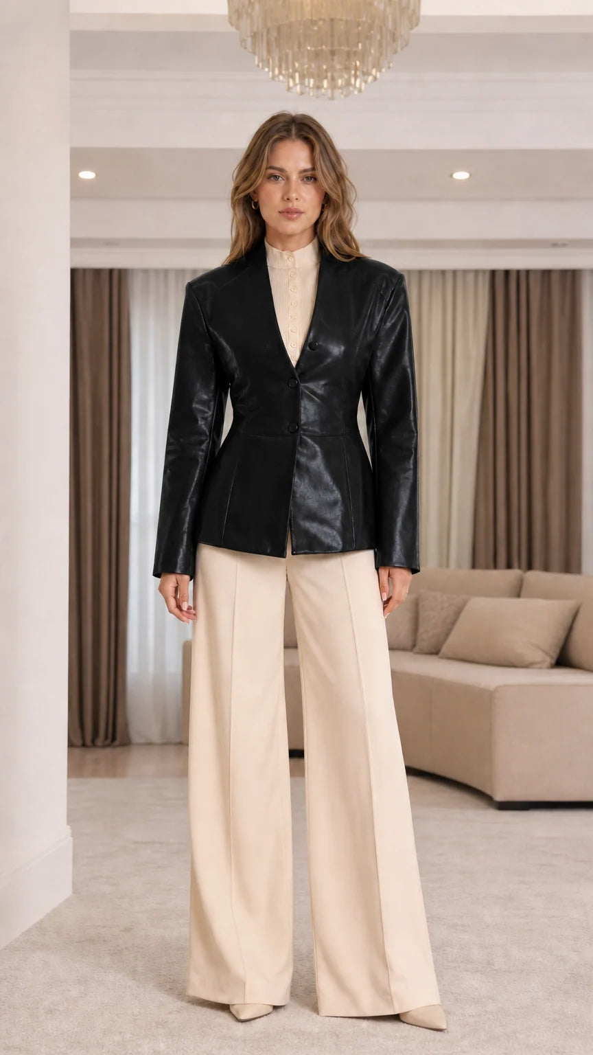 Front view of model wearing Classic Black collarless faux leather blazer