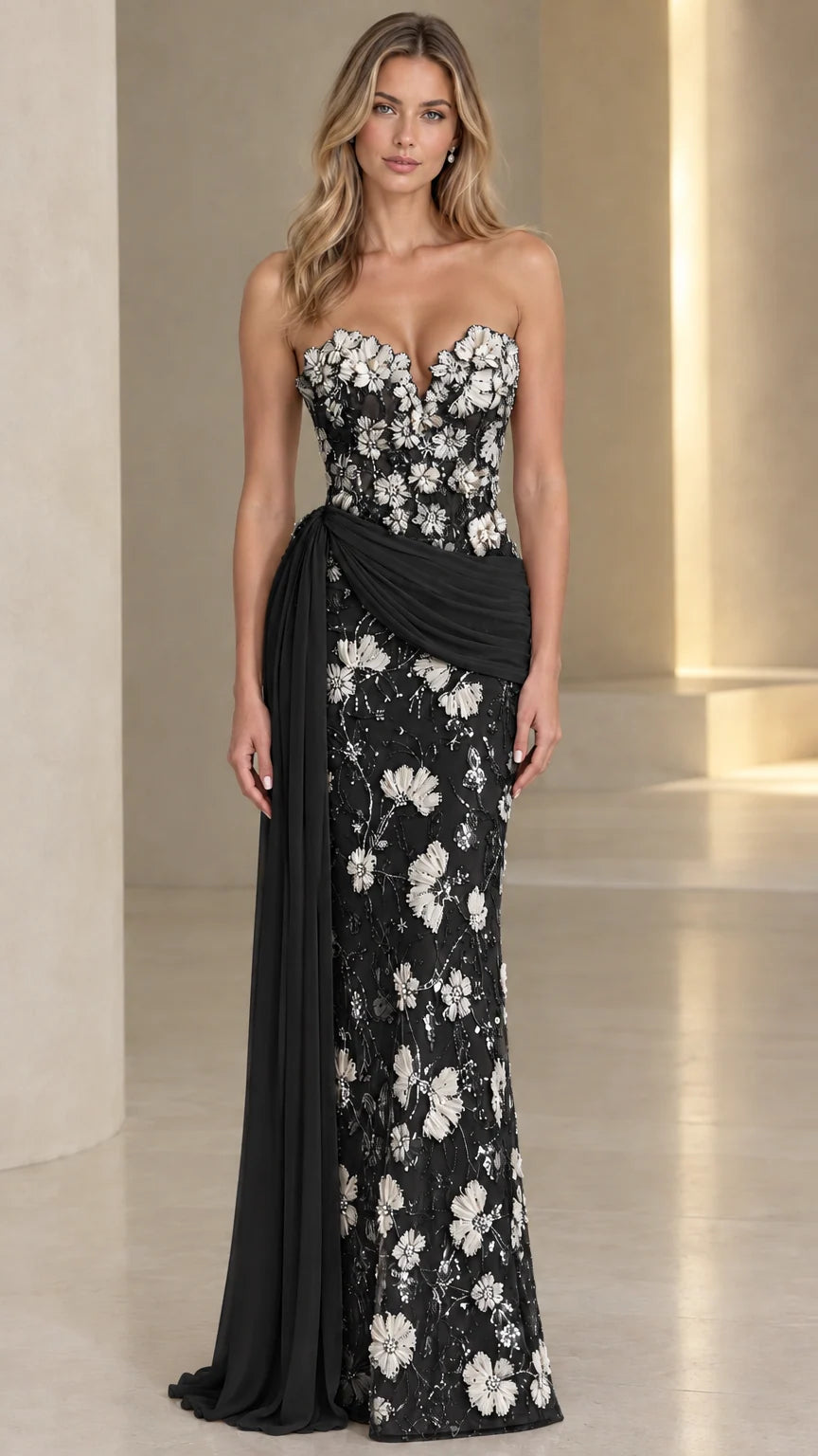 Full front view of black strapless 3D floral appliqué evening gown with matching drape