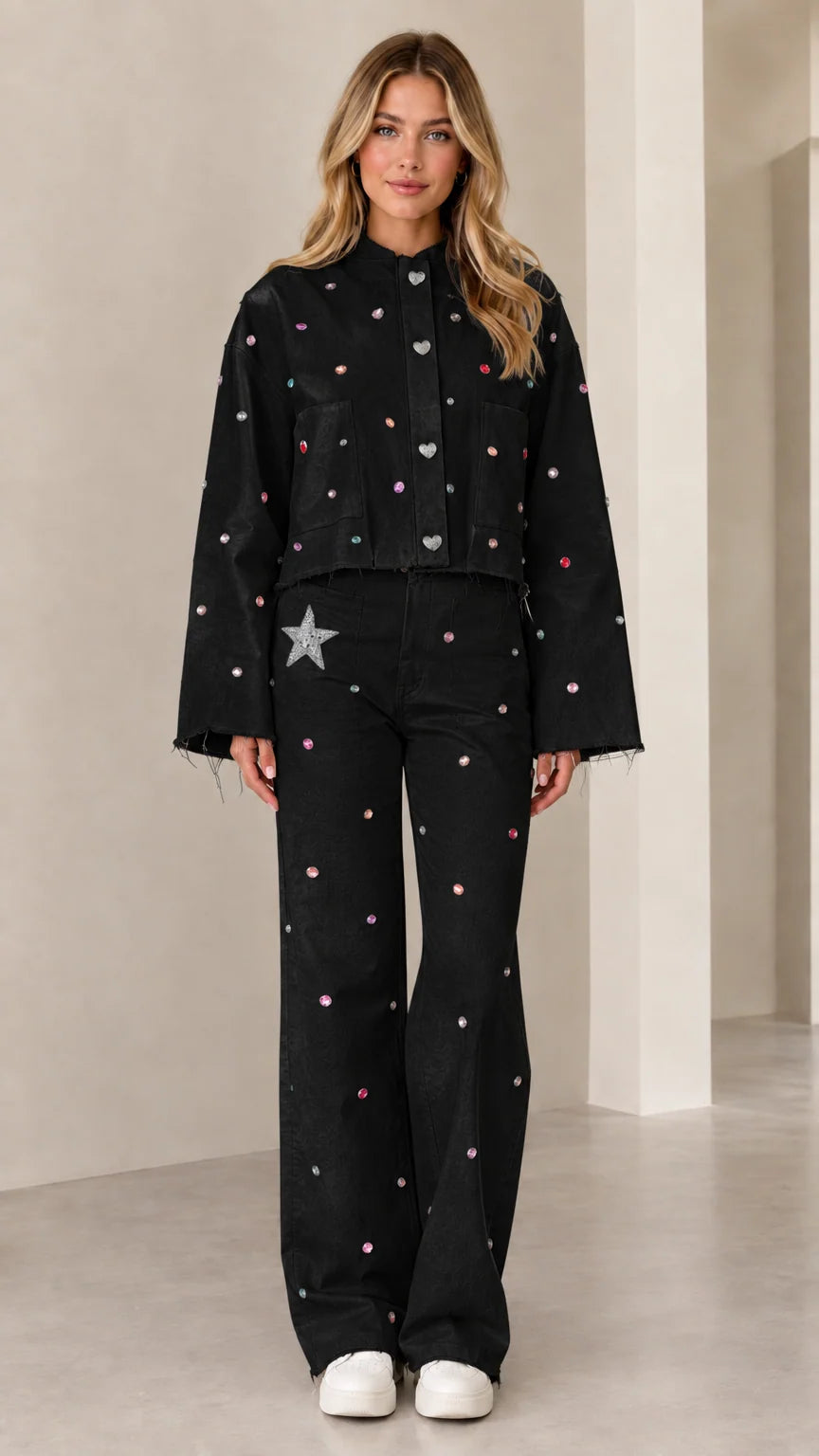 Full front view of black rhinestone embellished cropped jacket and wide-leg pant set