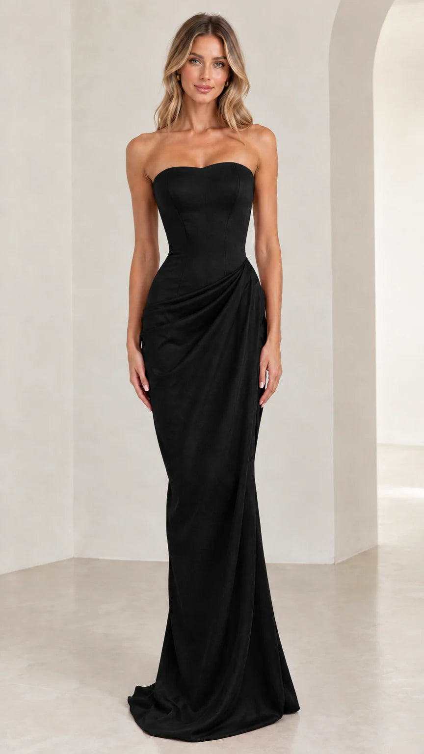 Model wearing classic black strapless draped maxi formal evening gown