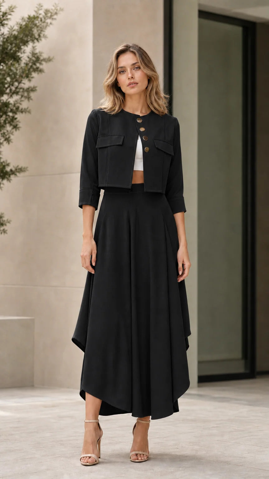 Model wearing black cropped button jacket and asymmetrical maxi skirt set