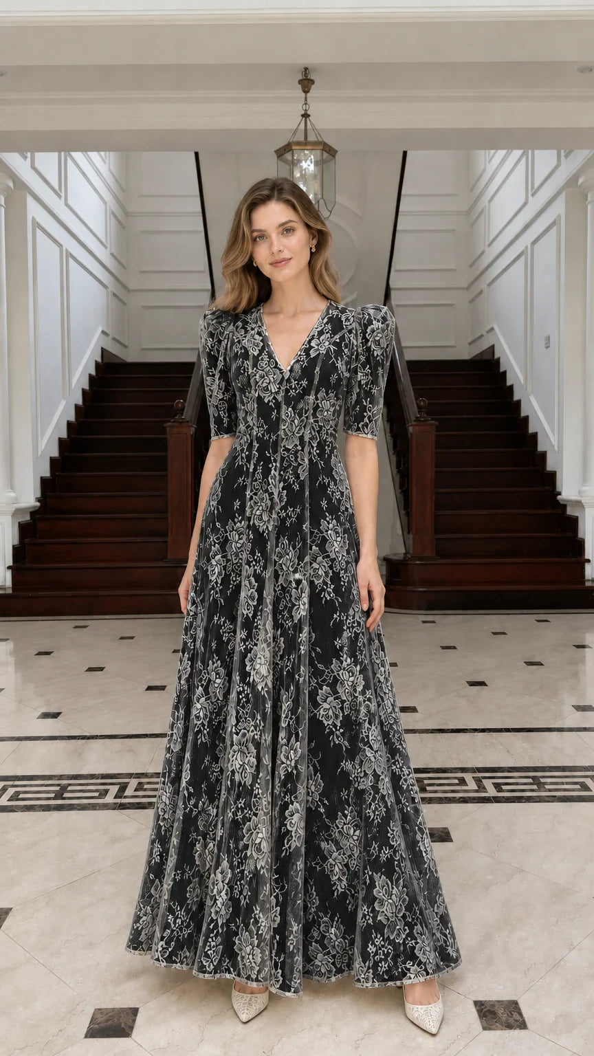Front view of Black lace maxi dress on model