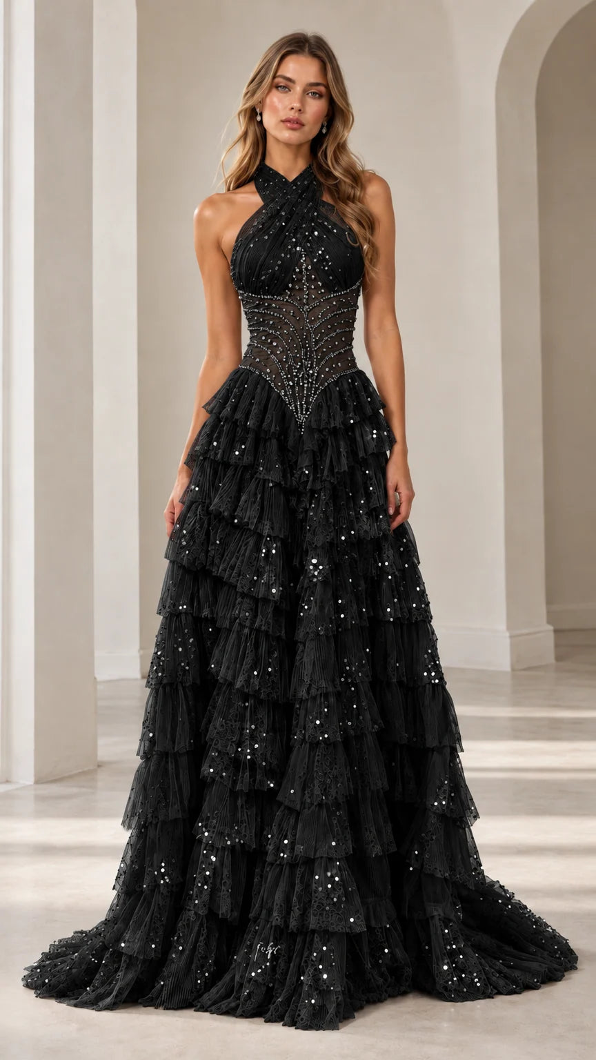 Model wearing Black halter-neck beaded tiered ruffle sequin evening gown