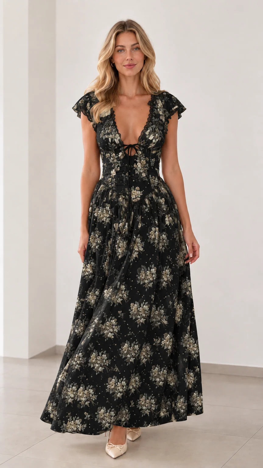 Front view of woman wearing black floral plunging tie-front maxi dress
