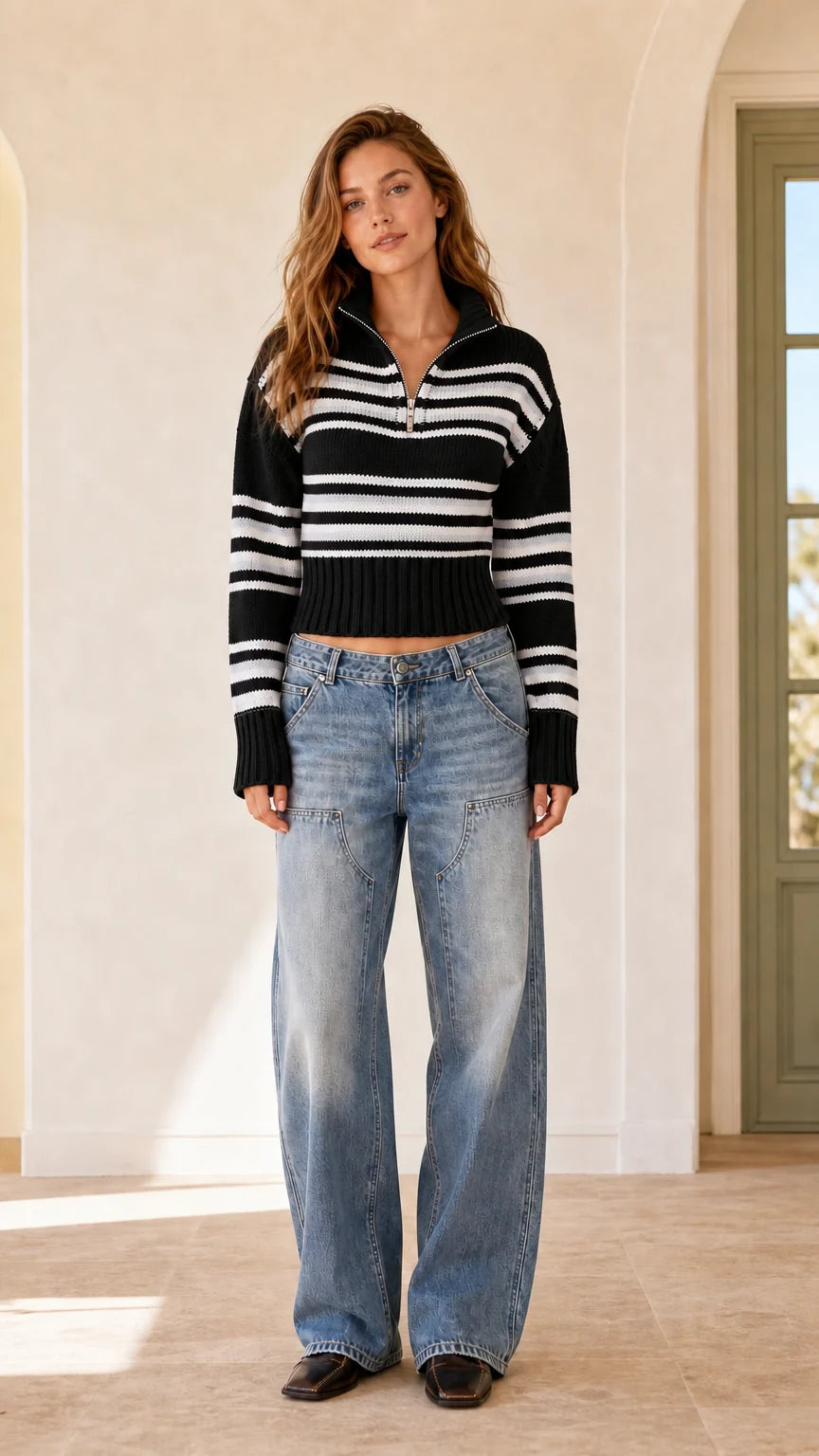 Full front view of black striped quarter-zip cropped knit sweater