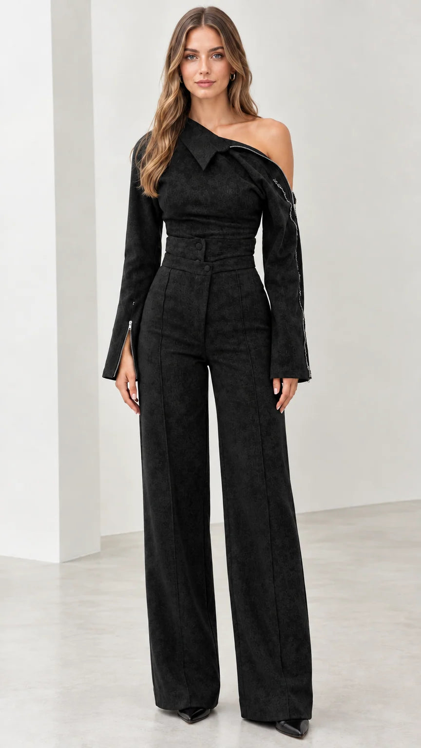 Front view of model wearing black one-shoulder wide-leg jumpsuit