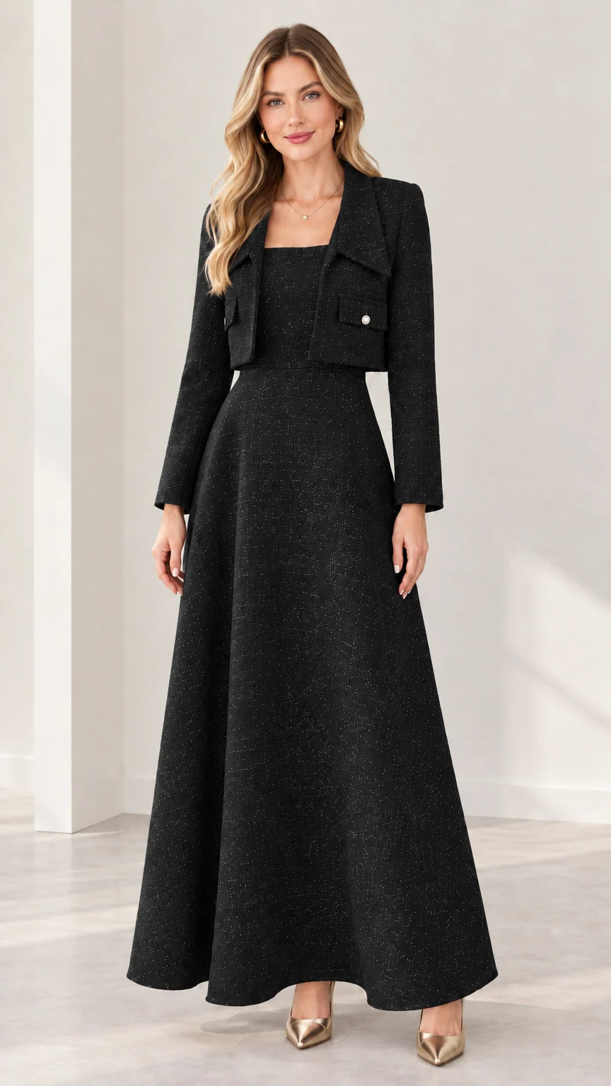 Black tweed two-piece maxi dress set with cropped blazer
