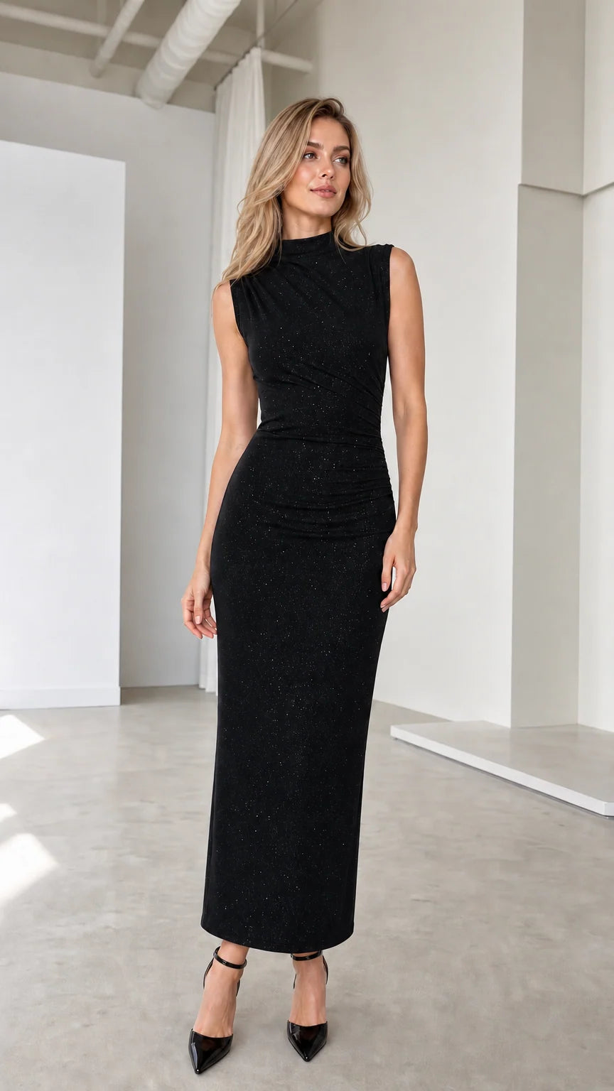 Black sleeveless mock neck glitter ruched maxi dress front view