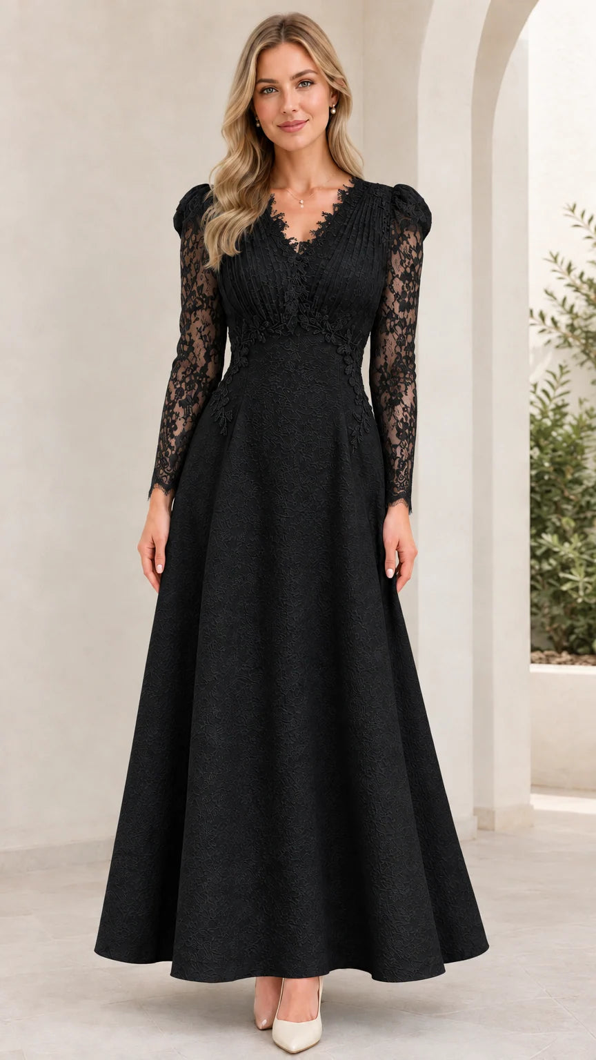 Black lace long sleeve V-neck formal evening maxi dress