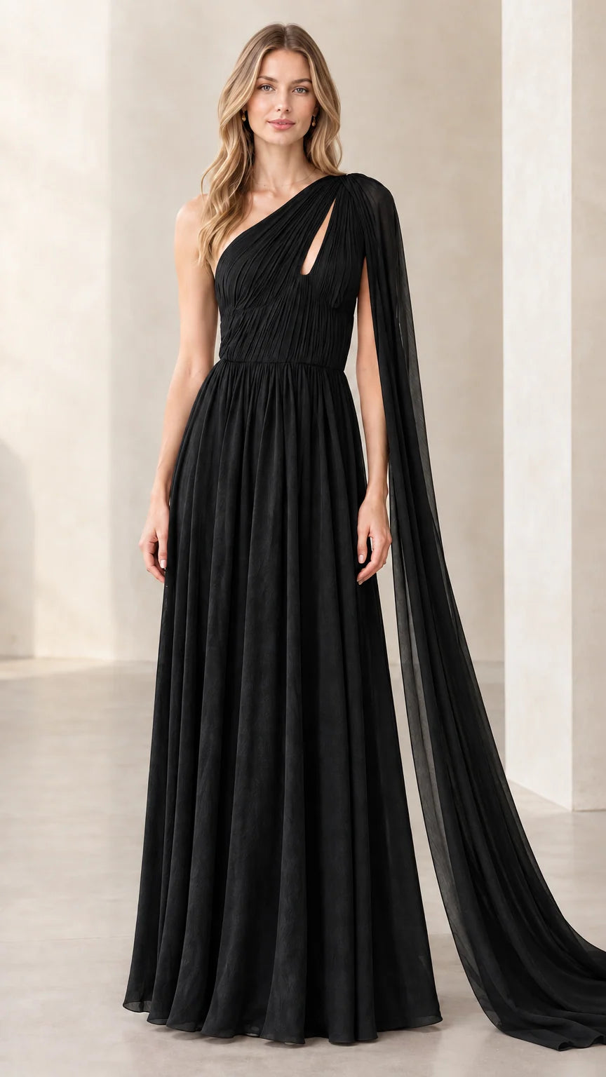 Black one-shoulder pleated cape maxi gown front view