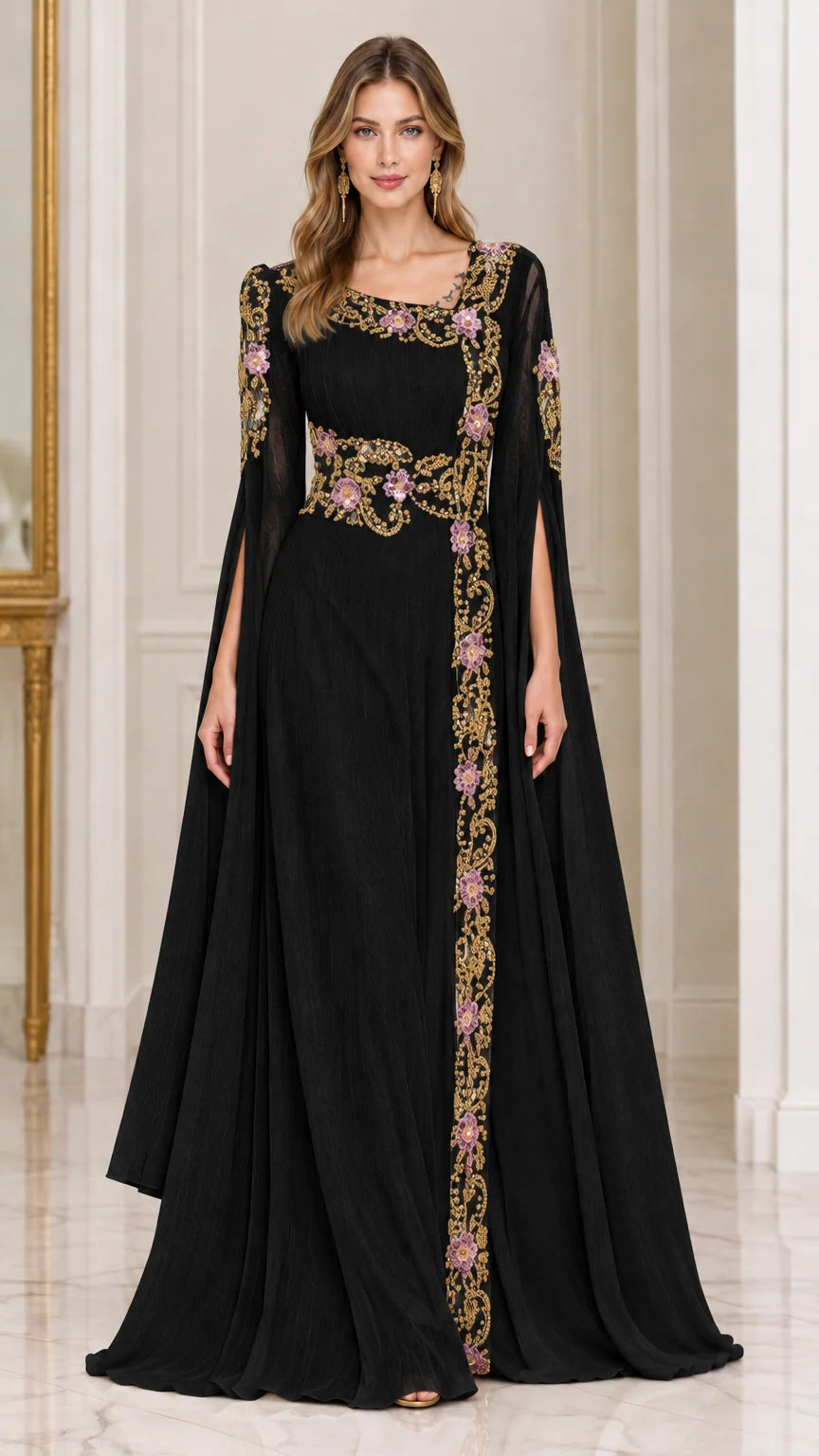 Front view of black embroidered cape sleeve formal maxi dress