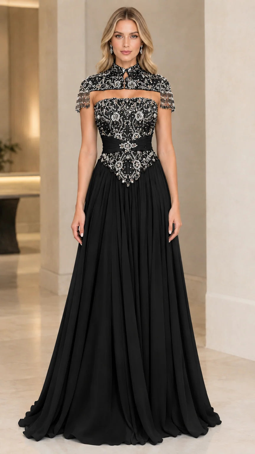 Black beaded capelet A-line evening maxi dress