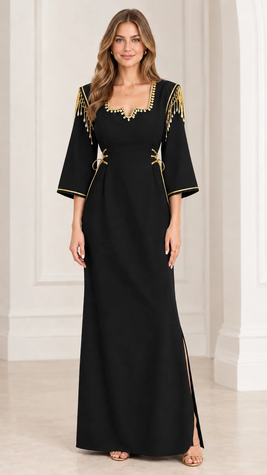 Full-length view of black maxi dress with golden shoulder tassels and trim