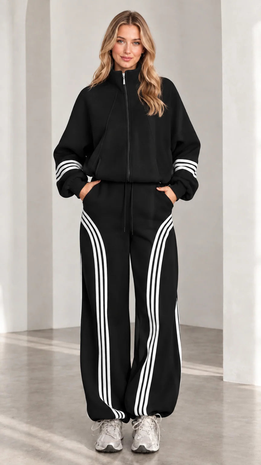 Front view of woman wearing black two-piece striped tracksuit set