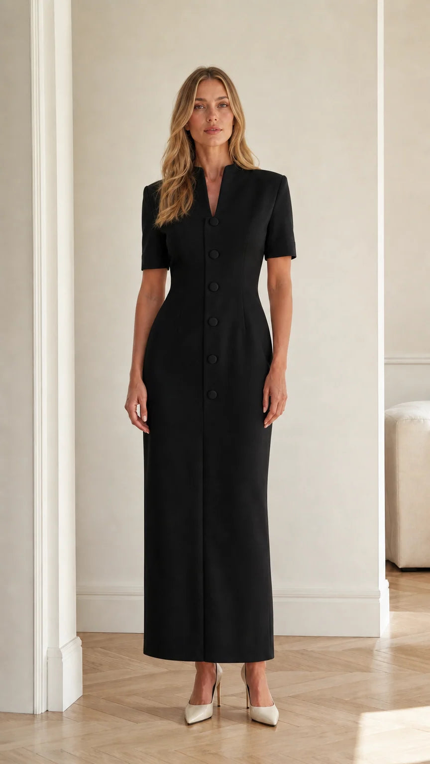 Front full view of black short sleeve stand collar column maxi dress