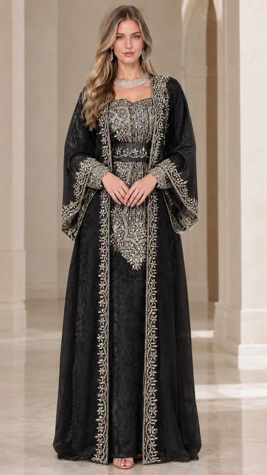 Full front view of black embroidered kaftan maxi dress with silver embroidery