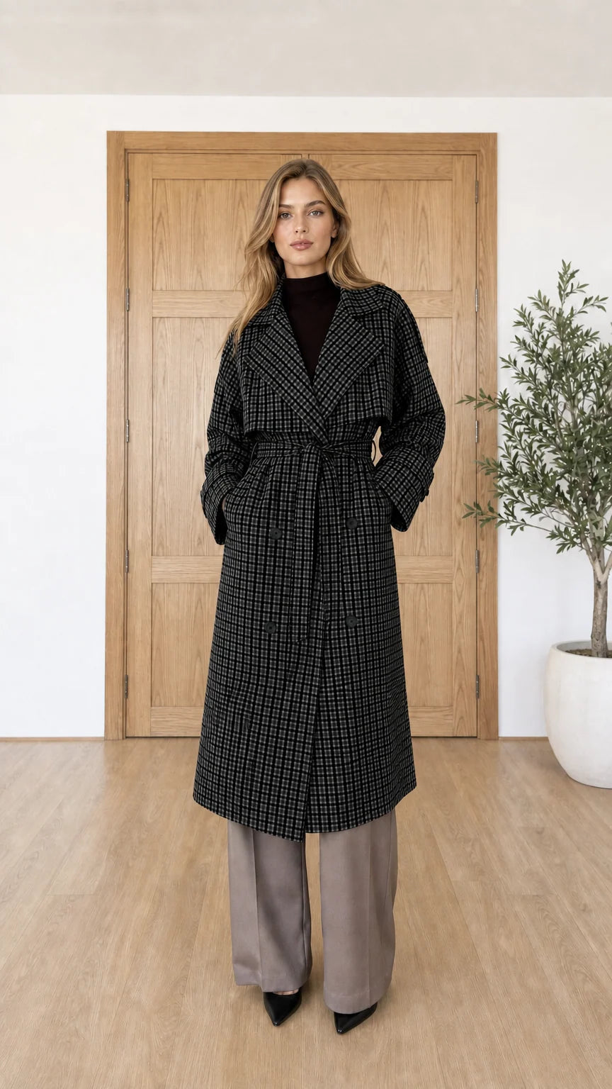 Woman wearing black plaid trench coat in front of wooden door