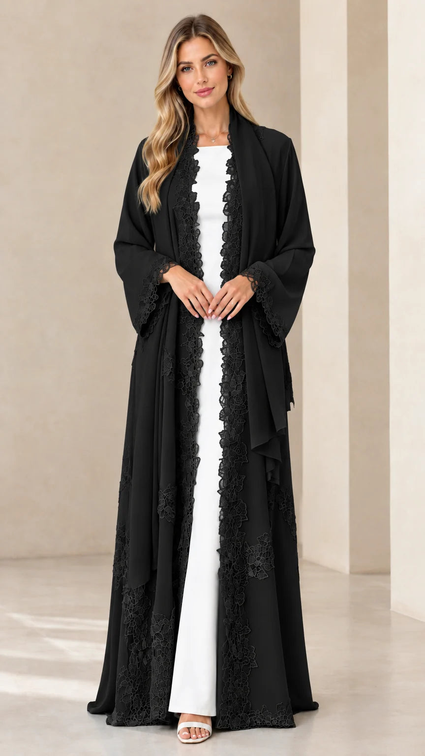 Front view of model wearing black open-front lace trim maxi chiffon duster cardigan