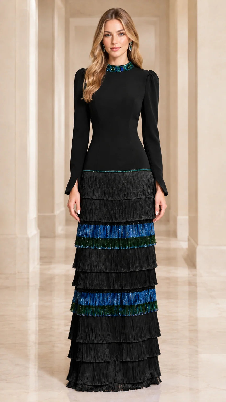 Front view of model wearing Black and blue accent tiered fringe maxi dress