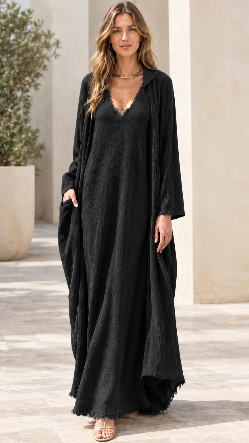 Women's 2-piece crinkle maxi dress and duster set in Black
