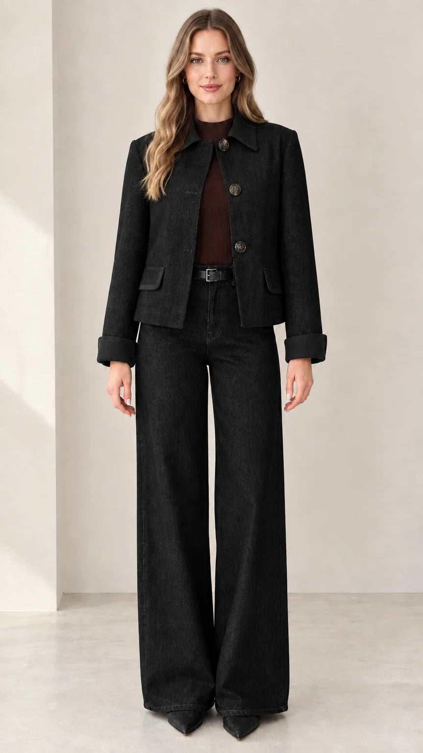 Model wearing Black two-piece denim jacket and wide-leg trousers set